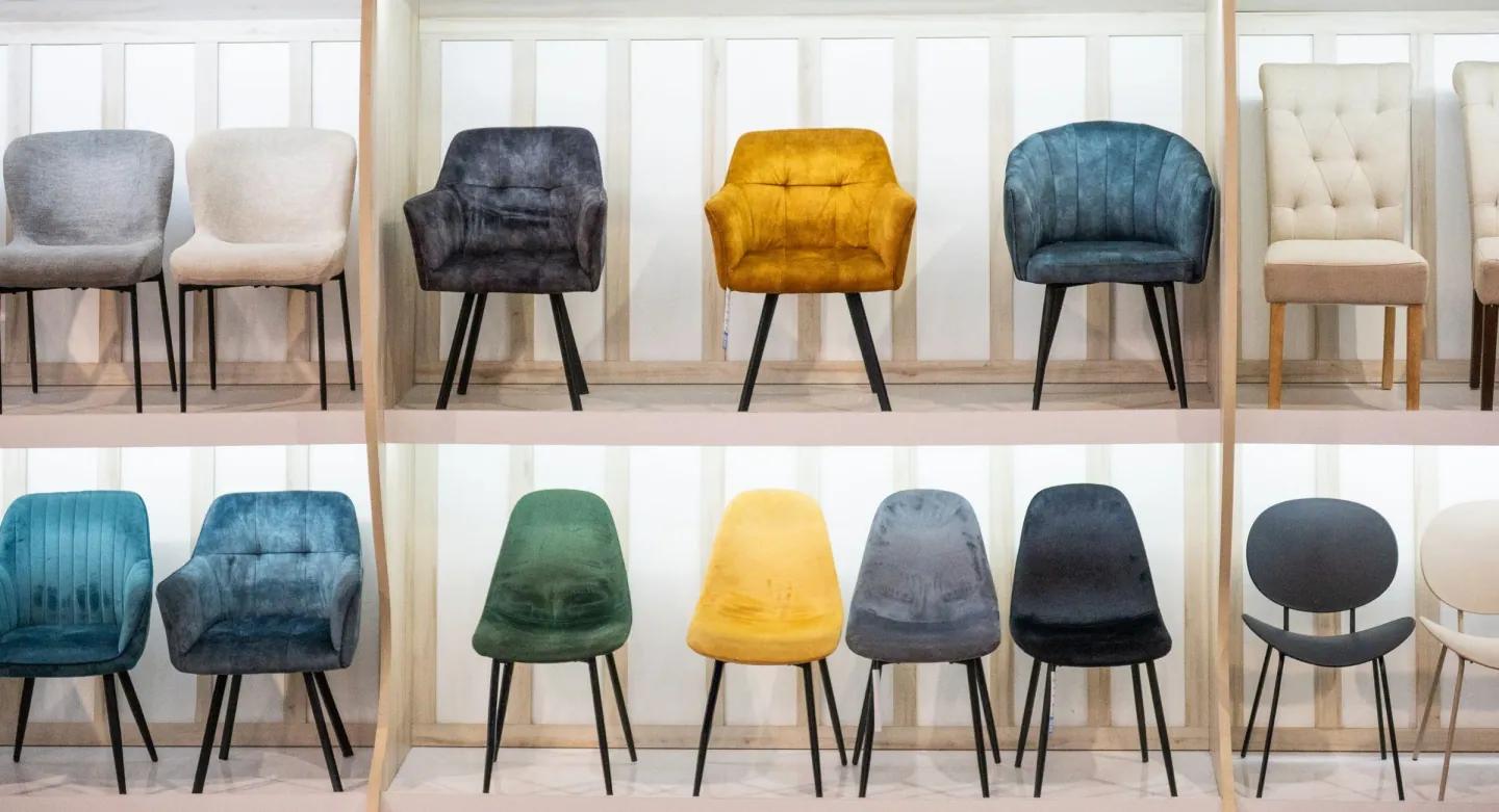 Furniture chair displays in a Foshan showroom for supplier and product comparison after the Canton Fair