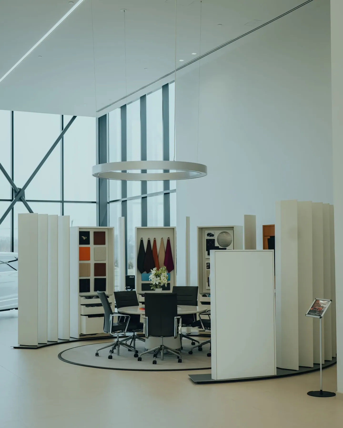 Furniture and interior material displays reviewed for a Canton Fair and Foshan sourcing plan