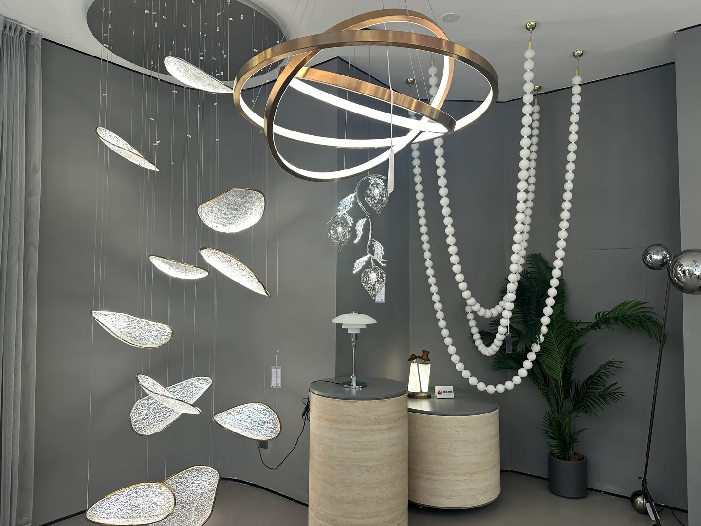 Decorative lighting fixtures displayed in a specialist showroom near Foshan