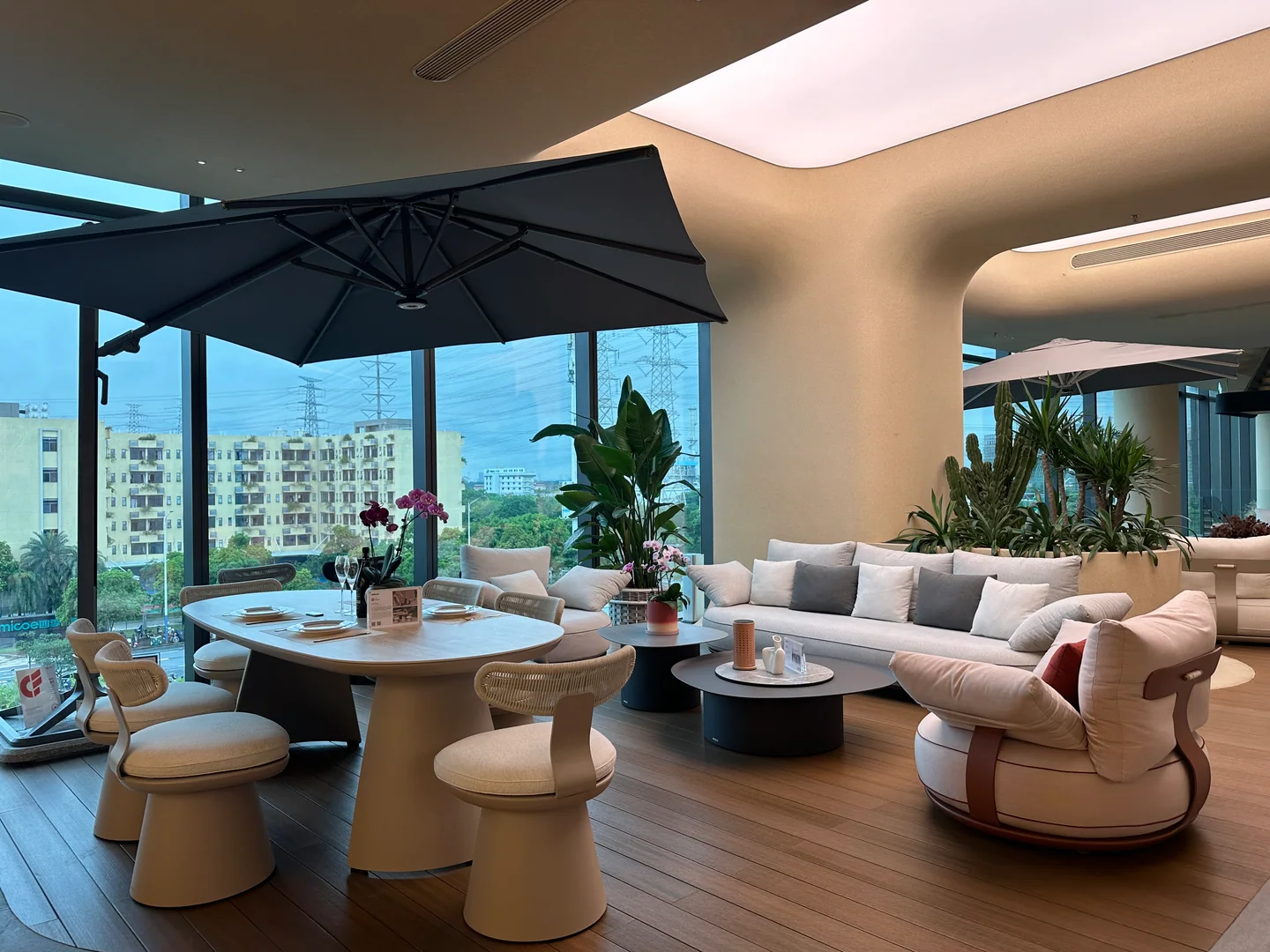 Outdoor furniture sets displayed in a Foshan supplier showroom for project sourcing