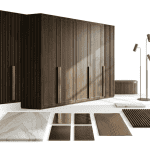 Custom bespoke wardrobe joinery solution from a trusted Foshan China furniture factory. Vela Home Global provides streamlined sourcing services for contemporary fluted wood cabinets with integrated led lighting and brass pulls, consolidated with premium material swatches like marble and tailored wood panels for global clients.