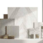 A collection of premium modern porcelain tiles, natural marble slabs, reeded surfaces, geometric mosaics, and decorative material samples on a minimalist plinth. sourced directly from premier Foshan manufacturers. featuring grey marble veining, brass accents, and textured patterns for high-end interior projects managed by a China sourcing agent.